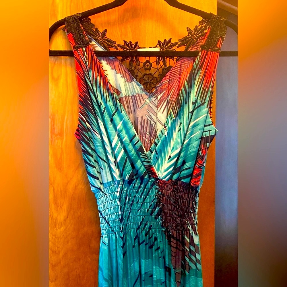 Maxi dress by Julia, stretchy  tropical dress with crocheted lace accents